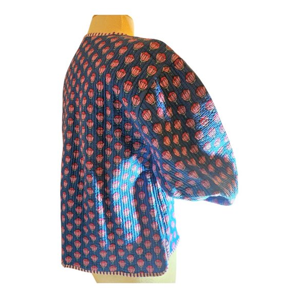 Quilted jacket, Blue/pink Lotus, screen print, 100 % cotton, reversible stripe - Picture 11 of 13